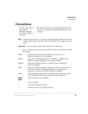 Page 11Introduction
Conventions
Strata DK Electronic Telephone 5/99ix
Conventions 
NoteElaborates specific items or references other information. Within some tables, 
General Notes apply to the entire table and numbered Notes apply to specific 
items.
Important!Calls attention to important instructions or information.
äLetters in [brackets] represent buttons which have Directory Numbers on them. 
For example: The left column gives 
you single or 
numbered steps that 
you need to perform a 
procedure. The right...