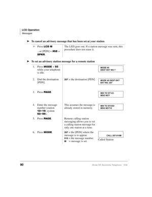 Page 102LCD Operation
Messages
90Strata DK Electronic Telephone 5/99
äTo cancel an advisory message that has been set at your station
äTo set an advisory station message for a remote stationäPress 
/&0
...or [PDN] + + 
63.5.The LED goes out. If a station message was sent, this 
procedure does not erase it.
1. Press 
02(+  
while your telephone 
is idle.
2. Dial the destination 
[PDN].
207 = the destination [PDN]
3. Press 
3$ * (.
4. Enter the message 
number (station 
a; system 
a).This assumes...