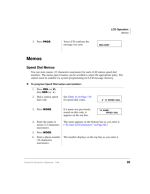 Page 107LCD Operation
Memos
Strata DK Electronic Telephone 5/9995
Memos
Speed Dial Memos
You can store names (12 characters maximum) for each of 40 station speed dial 
numbers. The memo pad of names can be scrolled to select the appropriate party. The 
station must be enabled via system programming for LCD message memory.
äTo program Speed Dial names and numbers3. Press 
3$ * (. Your LCD confirms the 
message was sent.
1. Press 
5/ (or ), 
then 
66 (or
).
2. Dial a station speed 
dial code.See Table 14 on Page...