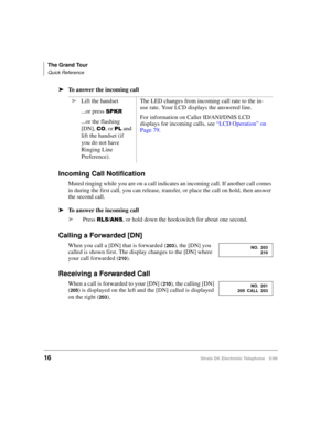 Page 28The Grand Tour
Quick Reference
16Strata DK Electronic Telephone 5/99
äTo answer the incoming call
Incoming Call Notification
Muted ringing while you are on a call indicates an incoming call. If another call comes 
in during the first call, you can release, transfer, or place the call on hold, then answer 
the second call.
äTo answer the incoming call
äPress 
5/6$16, or hold down the hookswitch for about one second.
Calling a Forwarded [DN]
When you call a [DN] that is forwarded (203), the [DN] you...