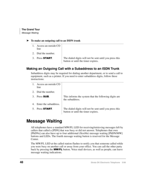 Page 60The Grand Tour
Message Waiting
48Strata DK Electronic Telephone 5/99
äTo make an outgoing call to an ISDN trunk
Making an Outgoing Call with a Subaddress to an ISDN Trunk
Subaddress digits may be required for dialing another department, or to send a call to 
equipment, such as a printer. If you need to enter subaddress digits, follow these 
instructions:
Message Waiting
All telephones have a standard MW/FL LED for receiving/retrieving messages left by 
callers that called a [PDN] that was busy or did not...
