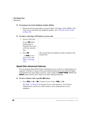 Page 74The Grand Tour
Speed Dial
62Strata DK Electronic Telephone 5/99
äTo program one-touch telephone number dialing
äTo make a call using a SD button or access code
Speed Dial–Advanced Features 
You can program Speed Dial buttons with feature access codes for a single feature or a 
sequence of features as long as the keyed dial pad characters do not exceed 20 digits. 
To determine how many digits you have, count 2 digits for 
&21)7516, [PDN] and 
+2/ feature buttons and 1 digit for all other dial pad...