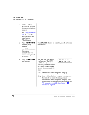 Page 84The Grand Tour
Two (Tandem) CO Line Connection
72Strata DK Electronic Telephone 5/99
2. Enter a CO Line 
access code and then 
the outside telephone 
number.
See Table 11 on Page 
108 for CO Line 
access codes or ask 
your System 
Administrator.
3. Press 
&21)7516 
after the party 
answers.The [DN] LED flashes (in-use rate), and all parties are 
conferenced.
...or [DN] to return to 
the original 
connection if you 
receive a busy tone/
no answer.
4. Press 
&21)7516 
and hang-up.You hear dial tone...