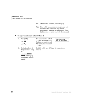 Page 86The Grand Tour
Two (Tandem) CO Line Connection
74Strata DK Electronic Telephone 5/99
äTo supervise a tandem call and release itThe LED turns OFF when the parties hang-up.
NoteIf the public telephone company provides auto 
disconnect, the connection may release 
automatically when the parties hang up. If not, 
the lines must be supervised to be disconnected.
1. Press [DN]
...or 
&2
...or 3/.You are connected to both 
CO lines. Both CO LEDs 
flash (in-use rate). 
N1 and 
N2 identify the connected 
CO...