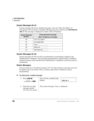 Page 100LCD Operation
Messages
88Strata DK Electronic Telephone 5/99
System Messages 60~64
System messages 60~64 are standard messages. You can “fill in the blanks” of 
messages 62~64 (see below). Example: Message 64 can be edited to read 
RETURN ON 
JAN. 4
. This message is displayed to callers with LCD phones. 
System Messages 65~99
System messages 65~99 can only be programmed or permanently changed at the 
Administrator’s telephone. Any messages programmed at Administrator’s telephone 
remain in memory until...