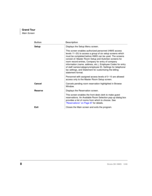 Page 20Grand Tour
Main Screen
8Strata DK HMIS 5/99
SetupDisplays the Setup Menu screen.
This screen enables authorized personnel (HMIS access 
levels 11~20) to access a group of six setup screens which 
must be completed before HMIS can be used. The screens 
consist of: Master Room Setup and AutoGen screens for 
room record entries, Company for entry of company 
information (name, address, etc.), Employee Codes for entry 
of staff names/category/employee ID, Settings for telephone/
tax settings, and Statement...