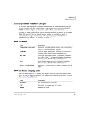 Page 69Features
Deposit/Payment
Strata DK HMIS 5/9957
Cash Deposit for Telephone Charges
If the guest is a cash paying customer, a deposit must be made and entered into this 
screen to enable calls that require charges (e.g., long distance, international calls). 
HMIS records the deposit on this screen and the Phone Calls Tab screen.
As calls are made, the telephone charges are deducted from the deposit on the Phone 
Calls Tab screen. When the deposit balance reaches zero, telephone status is 
automatically...