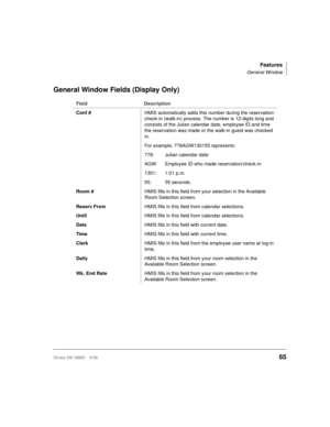 Page 77Features
General Window
Strata DK HMIS 5/9965
General Window Fields (Display Only)
Field Description
Conf #HMIS automatically adds this number during the reservation/
check-in (walk-in) process. The number is 12-digits long and 
consists of the Julian calendar date, employee ID and time 
the reservation was made or the walk-in guest was checked 
in.
For example, 778AGW130155 represents:
778: Julian calendar date
AGW Employee ID who made reservation/check-in
1301: 1:01 p.m.
55: 55 seconds.
Room #HMIS...