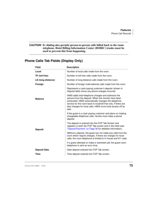 Page 85Features
Phone Call Records
Strata DK HMIS 5/9973
CAUTION!0+ dialing also permits person-to-person calls billed back to the room 
telephone. Hotel Billing Information Center (HOBIC) trunks must be 
used to prevent this from happening.
Phone Calls Tab Fields (Display Only)
Field Description
LocalNumber of local calls made from the room.
TF (toll free)Number of toll-free calls made from the room.
LD (long distance)Number of long distance calls made from the room.
ForeignNumber of foreign (international)...