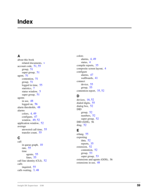 Page 67Insight DK Supervisor 5/9959
Index
A
about this book
related documents,
v
account code,51, 55
group,51
super group,51
agent,51
contention,51
group,51
logged in time,55
statistics,7
status window,5
super group,51
agents
in use,
48
logged on,56
alarm thresholds,48
alarms
colors,
4, 49
configure,47
window,49, 52
application window,52
average
answered call time,
55
transfer count,55
C
call
in queue graph,
10
rate,55
time
agents,
55
lines,55
call line identity (CLI),52
calls
inquired,
55
calls waiting,3, 48...