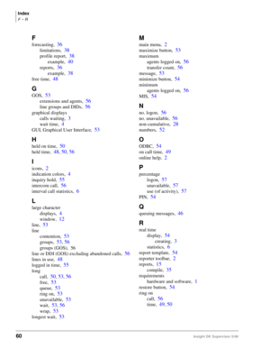 Page 68Index
F ~ R
60Insight DK Supervisor 5/99
F
forecasting,36
limitations,38
profile report,38
example,40
reports,36
example,38
free time,48
G
GOS,53
extensions and agents,56
line groups and DIDs,56
graphical displays
calls waiting,
3
wait time,4
GUI, Graphical User Interface,53
H
held on time,50
held time,48, 50, 56
I
icons,2
indication colors,4
inquiry hold,55
intercom call,56
interval call statistics,6
L
large character
displays,
4
window,12
line,53
line
contention,
53
groups,53, 56
groups (GOS), 56
line...