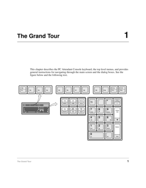 Page 13The Grand Tour1
The Grand Tour1
This chapter describes the PC Attendant Console keyboard, the top level menus, and provides 
general instructions for navigating through the main screen and the dialog boxes. See the 
figure below and the following text.
Tone
INSERT
F2F3F4F5F6F7 F8 F9 F10 F11 F12
Join
HOMERetrieve
Pg Up
Del  
Num
Lock
7Home89Pg Up
Answer
Incoming
—
/
Dial
DELETESplit/
Switch 
.
End
Conf/
Trns
Pg DnAnswer
Hold
+
Release
Enter
1End
Ins2
03Pg Dn
45 6
F1
HelpVol UpVol Dn 