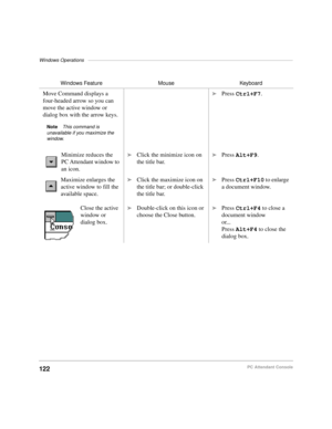Page 134Windows Operations——————————————————————————————————————————
122PC Attendant Console
TOC HypertextIIndex Hyper-
text
Move Command displays a 
four-headed arrow so you can 
move the active window or 
dialog box with the arrow keys.
NoteThis command is 
unavailable if you maximize the 
window.
äPress 
Ctrl+F7.
Minimize reduces the 
PC Attendant window to 
an icon.
äClick the minimize icon on 
the title bar.äPress 
Alt+F9.
Maximize enlarges the 
active window to fill the 
available space.
äClick the...