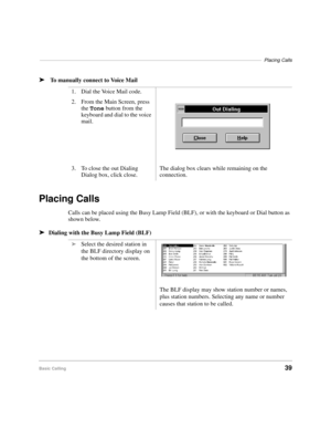 Page 51––––––––––––––––––––––––––––––––––––––––––––––––––––––––––––––––––––––––––––––––––Placing Calls
Basic Calling39 ä
 To manually connect to Voice Mail
Placing Calls
Calls can be placed using the Busy Lamp Field (BLF), or with the keyboard or Dial button as 
shown below.
äDialing with the Busy Lamp Field (BLF) 1. Dial the Voice Mail code.
2. From the Main Screen, press 
the Tone button from the 
keyboard and dial to the voice 
mail.
3. To close the out Dialing 
Dialog box, click close.The dialog box clears...