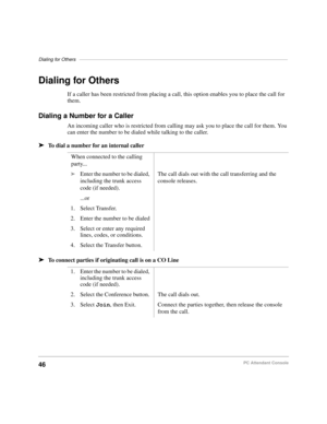 Page 58Dialing for Others––––––––––––––––––––––––––––––––––––––––––––––––––––––––––––––––––––––––––––––
46PC Attendant Console
Dialing for Others
If a caller has been restricted from placing a call, this option enables you to place the call for 
them.
Dialing a Number for a Caller
An incoming caller who is restricted from calling may ask you to place the call for them. You 
can enter the number to be dialed while talking to the caller.
äTo dial a number for an internal caller
äTo connect parties if originating...