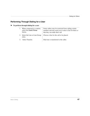 Page 59–––––––––––––––––––––––––––––––––––––––––––––––––––––––––––––––––––––––––––––––Dialing for Others
Basic Calling47
Performing Through Dialing for a User
äTo perform through dialing for a user
1. When connected to a station, 
select the Conf/Trns 
button.Some callers may be restricted from calling certain 
numbers and may need you to select a line for them so 
that they can make their call.
2. Select the Line or Line Group 
entry.Choose a line for the call to be placed.
3.  Select Transfer. Dial tone is...