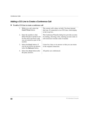 Page 62Conference Calls––––––––––––––––––––––––––––––––––––––––––––––––––––––––––––––––––––––––––––––
50PC Attendant Console
Adding a CO Line to Create a Conference Call
äTo add a CO Line to create a conference call
1. While on a call, select the 
Conf/Trns button.The current call is place on hold. You hear internal 
dial tone. If connected to two CO Lines, both display 
in the Loop box.
2. Enter the number to dial. 
Select the line or group to use 
for the call if an access code 
was not entered as part of the...