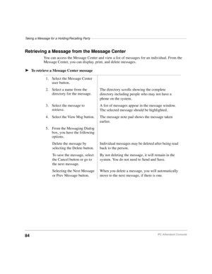 Page 96Taking a Message for a Holding/Recalling Party–––––––––––––––––––––––––––––––––––––––––––––––––––––––
84PC Attendant Console
Retrieving a Message from the Message Center
You can access the Message Center and view a list of messages for an individual. From the 
Message Center, you can display, print, and delete messages.
äTo retrieve a Message Center message
1. Select the Message Center 
user button.
2. Select a name from the 
directory for the message.The directory scrolls showing the complete 
directory...