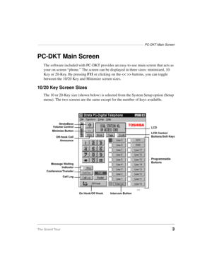 Page 13——————————————————————————————————————  PC-DKT Main Screen
The Grand Tour3
PC-DKT Main Screen
The software included with PC-DKT provides an easy-to-use main screen that acts as 
your on-screen “phone.” The screen can be displayed in three sizes: minimized, 10 
Key or 20-Key. By pressing F11
 or clicking on the > buttons, you can toggle 
between the 10/20 Key and Minimize screen sizes.
10/20 Key Screen Sizes
The 10 or 20-Key size (shown below) is selected from the System Setup option (Setup 
menu). The...