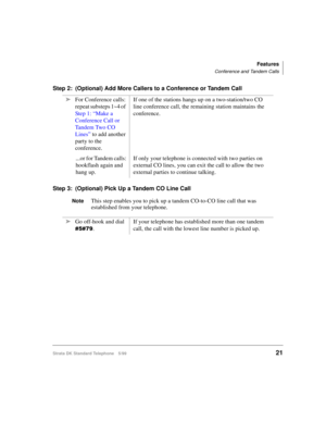 Page 27Features
Conference and Tandem Calls
Strata DK Standard Telephone 5/9921
Step 2: (Optional) Add More Callers to a Conference or Tandem Call
Step 3: (Optional) Pick Up a Tandem CO Line Call
NoteThis step enables you to pick up a tandem CO-to-CO line call that was 
established from your telephone. ä
For Conference calls: 
repeat substeps 1~4 of  
Step 1: “Make a 
Conference Call or 
Tandem Two CO 
Lines” to add another 
party to the 
conference.If one of the stations hangs up on a two-station/two CO 
line...