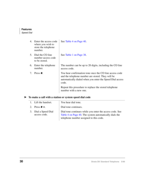 Page 36Features
Speed Dial
30Strata DK Standard Telephone 5/99
äTo make a call with a station or system speed dial code4. Enter the access code 
where you wish to 
store the telephone 
number.See Table 4 on Page 40.
5. Dial the CO line 
number access code 
to be stored.See Table 1 on Page 38.
6. Enter the telephone 
number.The number can be up to 20 digits, including the CO line 
access code.
7. Press
. You hear confirmation tone once the CO line access code 
and the telephone number are stored. They will be...