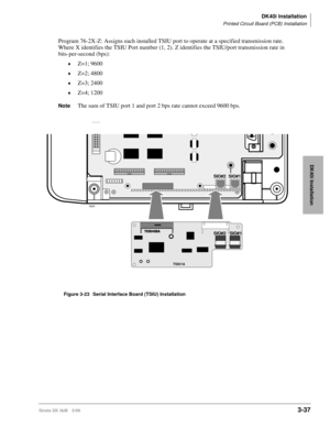 Page 105DK40i Installation
Printed Circuit Board (PCB) Installation
Strata DK I&M 5/993-37
DK40i Installation
Program 76-2X-Z: Assigns each installed TSIU port to operate at a specified transmission rate. 
Where X identifies the TSIU Port number (1, 2). Z identifies the TSIU/port transmission rate in 
bits-per-second (bps):
©Z=1; 9600
©Z=2; 4800
©Z=3; 2400
©Z=4; 1200
NoteThe sum of TSIU port 1 and port 2 bps rate cannot exceed 9600 bps.
TSIU1A
1634
SIO#1 SIO#2SIO#1 SIO#2
Figure 3-23 Serial Interface Board (TSIU)...