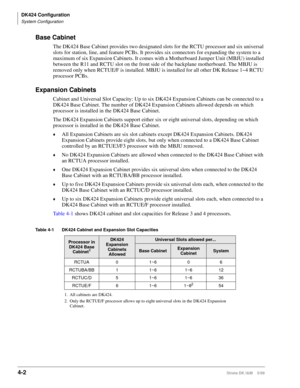 Page 114DK424 Configuration
System Configuration
4-2Strata DK I&M    5/99
Base Cabinet
The DK424 Base Cabinet provides two designated slots for the RCTU processor and six universal 
slots for station, line, and feature PCBs. It provides six connectors for expanding the system to a 
maximum of six Expansion Cabinets. It comes with a Motherboard Jumper Unit (MBJU) installed 
between the R11 and RCTU slot on the front side of the backplane motherboard. The MBJU is 
removed only when RCTUE/F is installed. MBJU is...