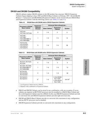 Page 115DK424 Configuration
System Configuration
Strata DK I&M     5/994-3
DK424 Configuration
DK424 and DK280 Compatibility
DK424 cabinets replace DK280 cabinets in the DK product line structure. DK424 Expansion 
Cabinets began shipping in June 1995 and DK424 Base Cabinets in February 1997. All old DK280 
Release 1~3 processors and DK280 Base/Expansion Cabinets can be mixed with new DK424 Base 
and Expansion Cabinets with the following criteria (see Ta b l e s  4 - 2 and 4-3):
 
 
©DK424 and DK280 Cabinets can...