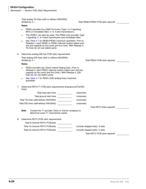 Page 136DK424 Configuration
Worksheet 1 – System PCB (Slot) Requirements
4-24Strata DK I&M    5/99
Total analog Tie lines (with or without ANI/DNIS) 
divided by 4 = Total REMU/PEMU PCB slots required
Notes
lREMU provides four E&M Tie trunks (Type I or II signaling, 
Wink or Immediate Start, 2- or 4-wire transmission).
lThe PEMU1 can also be used. The PEMU only provides Type 
1 signaling, 2- or 4-wire transmission and Immediate Start.
lSee Table 4-7 for REMU/PEMU maximum quantities. Prior to 
Release 4, each REMU...