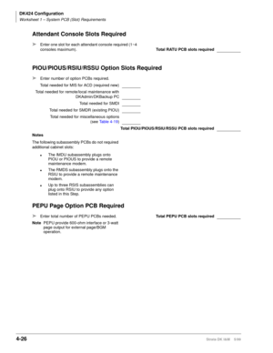 Page 138DK424 Configuration
Worksheet 1 – System PCB (Slot) Requirements
4-26Strata DK I&M    5/99
Attendant Console Slots Required
PIOU/PIOUS/RSIU/RSSU Option Slots Required
PEPU Page Option PCB Required
äEnter one slot for each attendant console required (1~4 
consoles maximum).Total RATU PCB slots required
äEnter number of option PCBs required.
Total needed for MIS for ACD (required new)
Total needed for remote/local maintenance with
DKAdmin/DKBackup PC
Total needed for SMDI
Total needed for SMDR (existing...