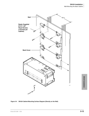 Page 163DK424 Installation
Wall Mounting the Base Cabinet
Strata DK I&M 5/995-13
DK424 Installation
Back Cover 
Front
Up
Wall16 in. 
Dealer Supplied
#12 X 1.25
Wood Screws
(4 Screws per
Cabinet)
1455
Figure 5-4 DK424 Cabinet Mounting Surface Diagram (Directly on the Wall) 