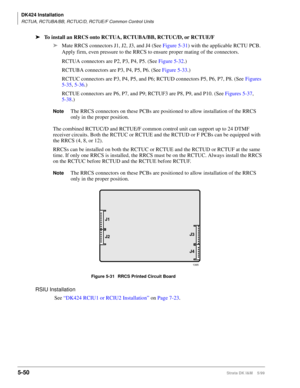 Page 200DK424 Installation
RCTUA, RCTUBA/BB, RCTUC/D, RCTUE/F Common Control Units
5-50Strata DK I&M    5/99
ä
To install an RRCS onto RCTUA, RCTUBA/BB, RCTUC/D, or RCTUE/F
ä
Mate RRCS connectors J1, J2, J3, and J4 (See Figure 5-31) with the applicable RCTU PCB. 
Apply firm, even pressure to the RRCS to ensure proper mating of the connectors.
RCTUA connectors are P2, P3, P4, P5. (See Figure 5-32.)
RCTUBA connectors are P3, P4, P5, P6. (See Figure 5-33.)
RCTUC connectors are P3, P4, P5, and P6; RCTUD connectors...