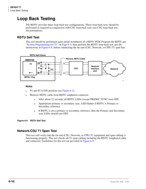 Page 226DK424 T1
Loop Back Testing
6-16Strata DK I&M    5/99
Loop Back Testing
The RDTU provides three loop back test configurations. These loop back tests should be 
performed as required in conjunction with CSU loop back tests (see CSU loop back test 
documentation).
RDTU Self Test
This test should be performed upon initial installation of a RDTU PCB. Program the RDTU per 
“System Programming for T1” on Page 6-3; then perform the RDTU loop back test, per the 
instructions in Figure 6-8, before connecting the...