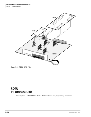 Page 272DK40i/DK424 Universal Slot PCBs
RDTU T1 Interface Unit
7-38Strata DK I&M    5/99
RDTU
T1 Interface Unit
See Chapter 6 – DK424 T1 for RDTU PCB installation and programming information.
RSTS
R48S
RDSU1
P3
P4P2
P5P6
P7
P6P3
P4P2
P5
P7
1377
Figure 7-19 RDSU, RSTS PCBs 