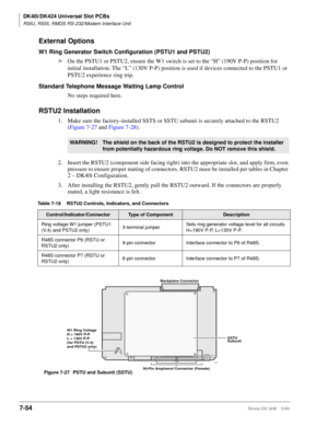 Page 288DK40i/DK424 Universal Slot PCBs
RSIU, RSIS, RMDS RS-232/Modem Interface Unit
7-54Strata DK I&M    5/99
External Options
W1 Ring Generator Switch Configuration (PSTU1 and PSTU2)
ä
On the PSTU1 or PSTU2, ensure the W1 switch is set to the “H” (190V P-P) position for 
initial installation. The “L” (130V P-P) position is used if devices connected to the PSTU1 or 
PSTU2 experience ring trip.
Standard Telephone Message Waiting Lamp Control
No steps required here.
RSTU2 Installation
1. Make sure the...