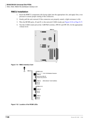 Page 292DK40i/DK424 Universal Slot PCBs
RSIU, RSIS, RMDS RS-232/Modem Interface Unit
7-58Strata DK I&M    5/99
RMCU Installation
1. Insert the RMCU (component side facing right) into the appropriate slot, and apply firm, even 
pressure to ensure proper seating of the connectors. 
2. Gently pull the unit outward. If the connectors are properly seated, a light resistance is felt.
3. Wire the RCMS jacks, J4 and J5, to the network CAMA trunks per Figure 8-26 on Page 8-27.
4. Test the CAMA trunk and set the 3-dB PAD...