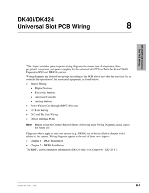 Page 295Strata DK I&M    5/998-1
DK40i/DK424 Universal 
Slot PCB Wiring
DK40i/DK424
Universal Slot PCB Wiring8
This chapter contains point-to-point wiring diagrams for connection of telephones, lines, 
peripheral equipment, and power supplies for the universal slot PCBs of both the Strata DK40i 
Expansion KSU and DK424 systems.
Wiring diagrams are divided into groups according to the PCB which provides the interface for, or 
controls the operation of, the associated equipment, as listed below:
©Station Wiring:...