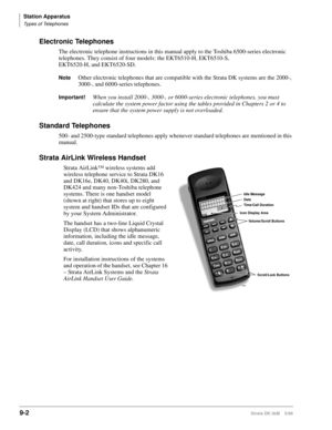 Page 334Station Apparatus
Types of Telephones
9-2Strata DK I&M    5/99
Electronic Telephones
The electronic telephone instructions in this manual apply to the Toshiba 6500-series electronic 
telephones. They consist of four models: the EKT6510-H, EKT6510-S, 
EKT6520-H, and EKT6520-SD.
NoteOther electronic telephones that are compatible with the Strata DK systems are the 2000-, 
3000-, and 6000-series telephones.
Important!When you install 2000-, 3000-, or 6000-series electronic telephones, you must 
calculate...