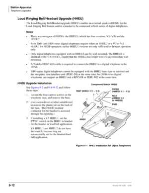 Page 344Station Apparatus
Telephone Upgrades
9-12Strata DK I&M    5/99
Loud Ringing Bell/Headset Upgrade (HHEU)
The Loud Ringing Bell/Headset upgrade (HHEU) enables an external speaker (HESB) for the 
Loud Ringing Bell feature and/or a headset to be connected to both series of digital telephones.
Notes
lThere are two types of HHEUs: the HHEU1 (which has four versions, V.1~V.4) and the 
HHEU2.
lBoth 2000- and 1000-series digital telephones require either an HHEU2 or a V.3 or V.4 
HHEU1 for HESB operation; earlier...