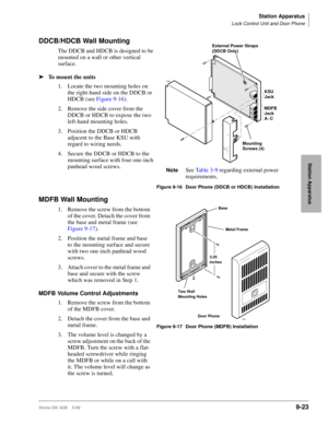 Page 355Station Apparatus
Lock Control Unit and Door Phone
Strata DK I&M    5/999-23
Station Apparatus
DDCB/HDCB Wall Mounting
The DDCB and HDCB is designed to be 
mounted on a wall or other vertical 
surface. 
ä
To mount the units
1. Locate the two mounting holes on 
the right-hand side on the DDCB or 
HDCB (see Figure 9-16).
2. Remove the side cover from the 
DDCB or HDCB to expose the two 
left-hand mounting holes.
3. Position the DDCB or HDCB 
adjacent to the Base KSU with 
regard to wiring needs.
4. Secure...