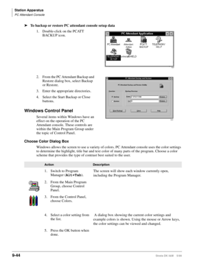 Page 376Station Apparatus
PC Attendant Console
9-44Strata DK I&M    5/99
ä
To backup or restore PC attendant console setup data 
1. Double-click on the PCATT 
BACKUP icon.
2. From the PC Attendant Backup and 
Restore dialog box, select Backup 
or Restore.
3. Enter the appropriate directories.
4. Select the Start Backup or Close 
buttons.
Windows Control Panel
Several items within Windows have an 
effect on the operation of the PC 
Attendant console. These controls are 
within the Main Program Group under 
the...