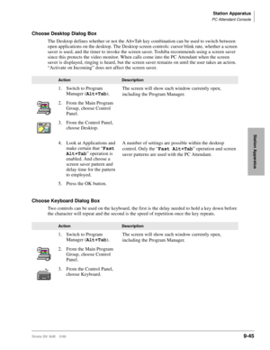 Page 377Station Apparatus
PC Attendant Console
Strata DK I&M    5/999-45
Station Apparatus
Choose Desktop Dialog Box
The Desktop defines whether or not the Alt+Tab key combination can be used to switch between 
open applications on the desktop. The Desktop screen controls: cursor blink rate, whether a screen 
saver is used, and the timer to invoke the screen saver. Toshiba recommends using a screen saver 
since this protects the video monitor. When calls come into the PC Attendant when the screen 
saver is...