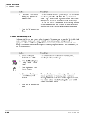 Page 378Station Apparatus
PC Attendant Console
9-46Strata DK I&M    5/99
Choose Mouse Dialog Box
Under the title Mouse, two settings affect the speed of the mouse and the speed of the double click 
needed to make a selection. If you are currently using a mouse, these settings should be 
appropriate and need not be changed. If the mouse is new to you, Toshiba recommends each 
setting to be a slower speed for easier operation. Once you gain experience with the mouse, you 
can use faster settings.4. Choose the...