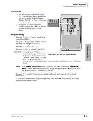 Page 381Station Apparatus
DKT2001 Digital Single Line Telephone
Strata DK I&M    5/999-49
Station Apparatus
Installation
1. Set the DIP switches to match Figure 
9-23. The DIP switches are preset from 
the factory for the USA and Canada. 
Refer to Table 9-1 on Page 9-4 for other 
country settings.
2. If required to achieve maximum 
distance (greater than 1000 ft.), install a 
two-pair house cable (or external 
power).
Programming
Program 03: Specify Code 61 to indicate a 
station line PDKU2.
Program 27: Adjusts...