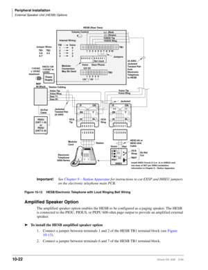 Page 404Peripheral Installation
External Speaker Unit (HESB) Options
10-22Strata DK I&M    5/99
Important!See Chapter 9 – Station Apparatus for instructions to cut EXSP and HHEU jumpers 
on the electronic telephone main PCB.
Figure 10-12  HESB/Electronic Telephone with Loud Ringing Bell Wiring
Amplified Speaker Option
The amplified speaker option enables the HESB to be configured as a paging speaker. The HESB 
is connected to the PIOU, PIOUS, or PEPU 600-ohm page output to provide an amplified external...