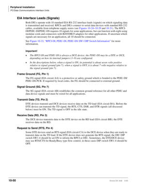 Page 432Peripheral Installation
PC/Data Communications Interface Units
10-50Strata DK I&M    5/99
EIA Interface Leads (Signals)
Both DIUs operate with 10 standard EIA RS-232 interface leads (signals) on which signaling data 
is transmitted and received. RPCIs and DIUs connect to serial data devices with standard RS-232 
cables, available from telephone supply stores (see Figures 10-24~10-29 and 10-31). The RPCI-
DI/PDIU-DI/PDIU-DS requires 10 signals for some applications, but can function with eight using...