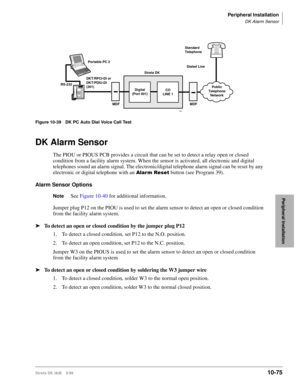 Page 457Peripheral Installation
DK Alarm Sensor
Strata DK I&M    5/9910-75
Peripheral Installation
Figure 10-39 DK PC Auto Dial Voice Call Test
DK Alarm Sensor
The PIOU or PIOUS PCB provides a circuit that can be set to detect a relay open or closed 
condition from a facility alarm system. When the sensor is activated, all electronic and digital 
telephones sound an alarm signal. The electronic/digital telephone alarm signal can be reset by any 
electronic or digital telephone with an 
$ODUP5HVHW button (see...