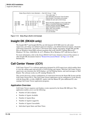 Page 482DK424 ACD Installation
Insight DK (DK424 only)
11- 14Strata DK I&M 5/99
Figure 11-10 Delay Ring to Built-in AA Example
Insight DK (DK424 only)
The Insight DK™ and Insight DK Plus are full-featured ACD MIS tools for call center 
supervisors, providing user-defined supervisor displays, user-defined historical reports, electronic 
wall board connections, and inView LAN-based status display messaging. Insight DK and DK 
Plus are Windows-based MIS software programs that work with PCs running Microsoft
®...