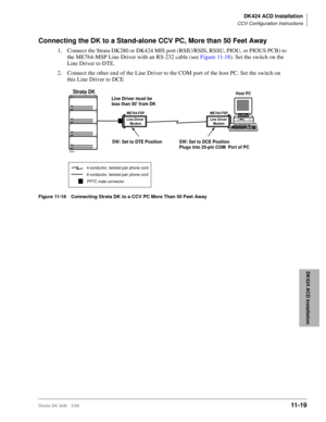 Page 487DK424 ACD Installation
CCV Configuration Instructions
Strata DK I&M 5/9911 - 19
DK424 ACD Installation
Connecting the DK to a Stand-alone CCV PC, More than 50 Feet Away
1. Connect the Strata DK280 or DK424 MIS port (RSIU/RSIS, RSSU, PIOU, or PIOUS PCB) to 
the ME764-MSP Line Driver with an RS-232 cable (see Figure 11-18). Set the switch on the 
Line Driver to DTE.
2. Connect the other end of the Line Driver to the COM port of the host PC. Set the switch on 
this Line Driver to DCE
Figure 11-18 Connecting...