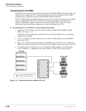 Page 488DK424 ACD Installation
CCV Configuration Instructions
11- 20Strata DK I&M 5/99
Connecting CCV and SMIS
Call Center Viewer monitors the data flowing between the Toshiba SMIS and the Strata DK. This 
enables the CCV application PC to display information and work in conjunction with a SMIS 
computer that is connected to the same Strata DK280 or DK424 MIS port.
The CCV application and the SMIS application must reside on separate computers because SMIS 
requires a dedicated PC. The CCV provides the real-time...